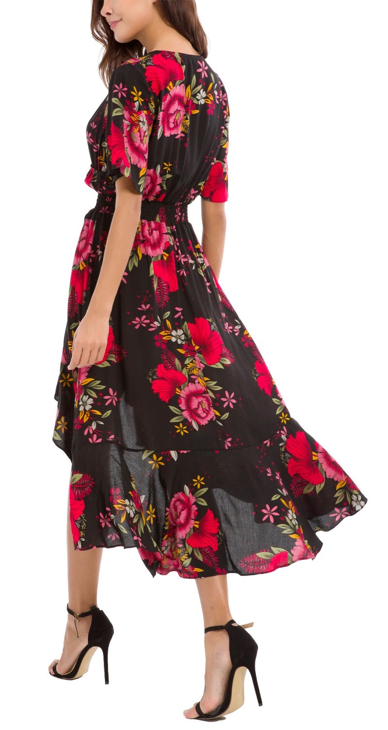 Kormei Womens Short Sleeve Floral Maxi Dress High Low V-Neck Flowy Party Long Dresses S Black&Red